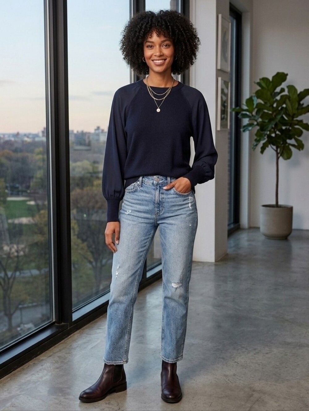 LOFT Navy Blue Mixed-Media Crewneck Sweater Size Large